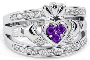 Diamond Amethyst Silver Claddagh Ring