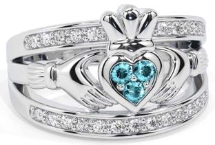 Diamond Aquamarine Silver Claddagh Ring