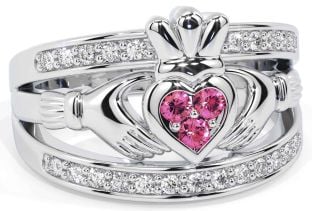 Diamond Pink Tourmaline Silver Claddagh Ring