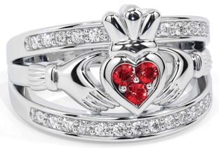 Diamond Ruby Silver Claddagh Ring