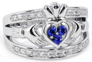 Diamond Sapphire Silver Claddagh Ring