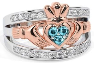 Diamond Aquamarine Rose Gold Silver Claddagh Ring