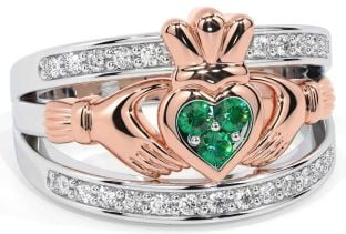 Diamond Emerald Rose Gold Silver Claddagh Ring