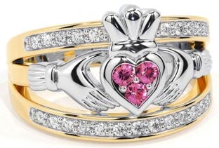 Diamond Pink Tourmaline Gold Silver Claddagh Ring