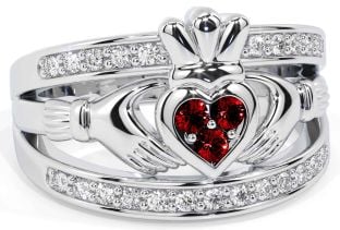 Diamond Garnet White Gold Claddagh Ring