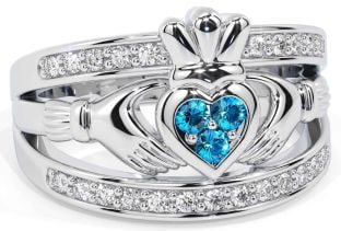 Diamond Topaz White Gold Claddagh Ring