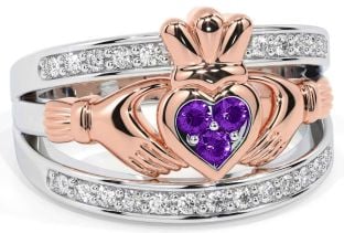 Diamond Amethyst White Rose Gold Claddagh Ring