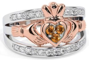 Diamond Citrine White Rose Gold Claddagh Ring
