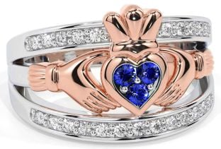 Diamond Sapphire White Rose Gold Claddagh Ring