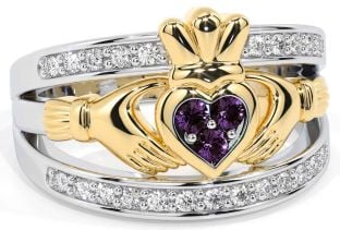 Diamond Alexandrite White Yellow Gold Claddagh Ring