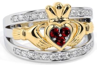 Diamond Garnet White Yellow Gold Claddagh Ring