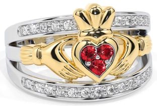 Diamond Ruby White Yellow Gold Claddagh Ring