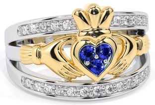 Diamond Sapphire White Yellow Gold Claddagh Ring