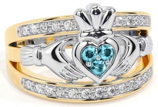 Diamond Aquamarine White Yellow Gold Claddagh Ring