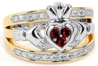 Diamond Garnet White Yellow Gold Claddagh Ring