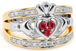 Diamond Ruby White Yellow Gold Claddagh Ring