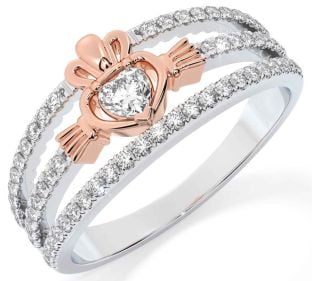 Diamond Rose Gold Silver Claddagh Ring