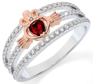 Diamond Garnet Rose Gold Silver Claddagh Ring