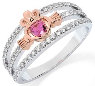 Diamond Pink Tourmaline Rose Gold Silver Claddagh Ring