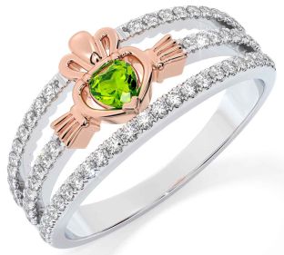 Diamond Peridot Rose Gold Silver Claddagh Ring