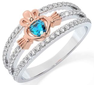 Diamond Topaz Rose Gold Silver Claddagh Ring