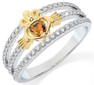 Diamond Citrine Gold Silver Claddagh Ring