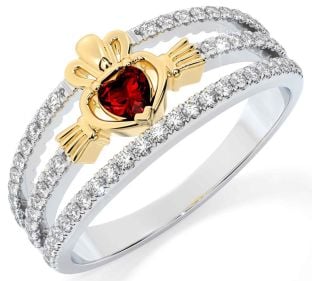 Diamond Garnet Gold Silver Claddagh Ring