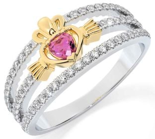 Diamond Pink Tourmaline Gold Silver Claddagh Ring