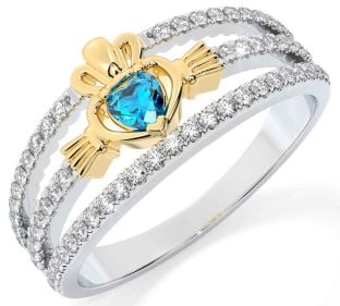 Diamond Topaz Gold Silver Claddagh Ring