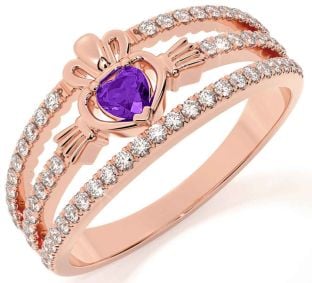 Diamond Amethyst Rose Gold Silver Claddagh Ring