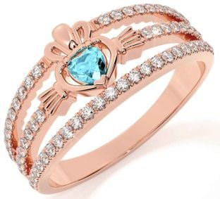 Diamond Aquamarine Rose Gold Silver Claddagh Ring