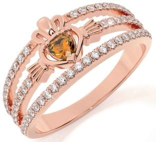 Diamond Citrine Rose Gold Silver Claddagh Ring