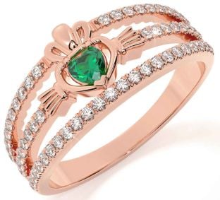 Diamond Emerald Rose Gold Silver Claddagh Ring