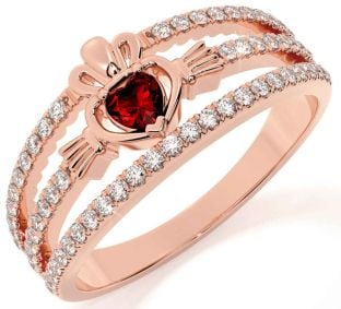 Diamond Garnet Rose Gold Silver Claddagh Ring