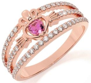 Diamond Pink Tourmaline Rose Gold Silver Claddagh Ring