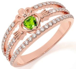 Diamond Peridot Rose Gold Silver Claddagh Ring