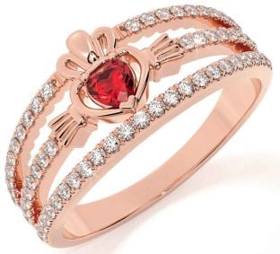 Diamond Ruby Rose Gold Silver Claddagh Ring