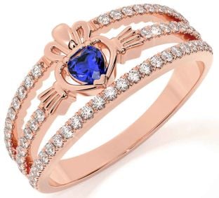 Diamond Sapphire Rose Gold Silver Claddagh Ring