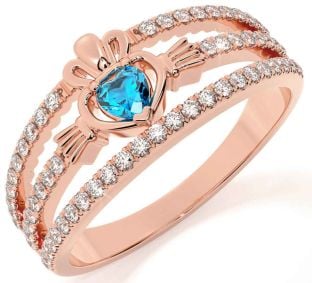 Diamond Topaz Rose Gold Silver Claddagh Ring