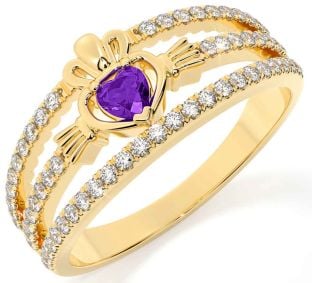 Diamond Amethyst Gold Silver Claddagh Ring