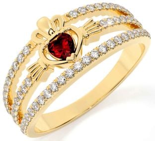 Diamond Garnet Gold Silver Claddagh Ring