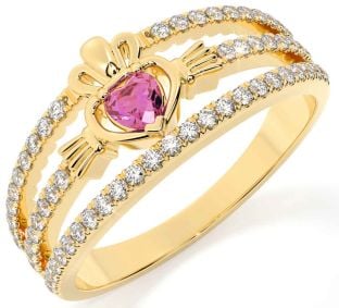 Diamond Pink Tourmaline Gold Silver Claddagh Ring