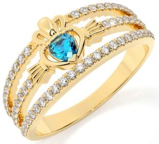 Diamond Topaz Gold Silver Claddagh Ring