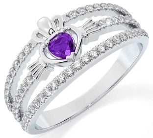 Diamond Amethyst Silver Claddagh Ring