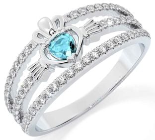 Diamond Aquamarine Silver Claddagh Ring