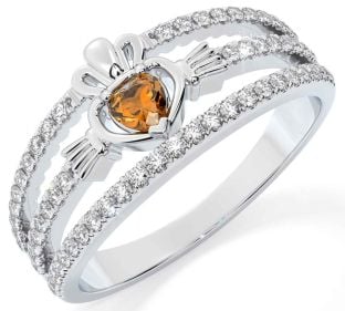 Diamond Citrine Silver Claddagh Ring