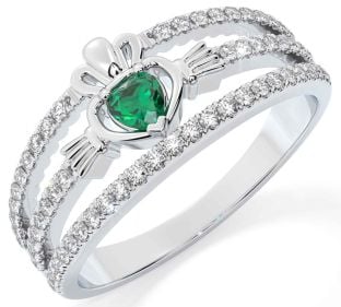 Diamond Emerald Silver Claddagh Ring