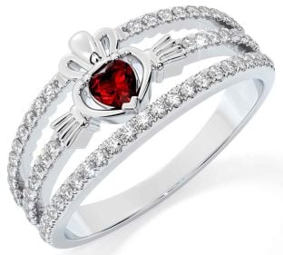 Diamond Garnet Silver Claddagh Ring