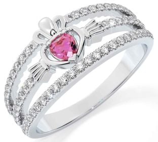 Diamond Pink Tourmaline Silver Claddagh Ring