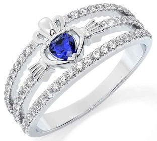 Diamond Sapphire Silver Claddagh Ring